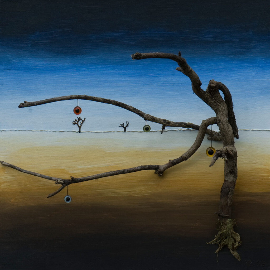 Ohne Titel | Assemblage (verschiedene Materialien auf bemalte Leinwand) | 45 cm x 45 xm x 15 cm | 2025