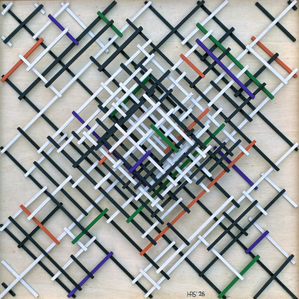 Ohne Titel  |  Assemblage (bemaltes Holz auf Sperrholz) 45 cm x 45 cm x 10 cm | 2026
