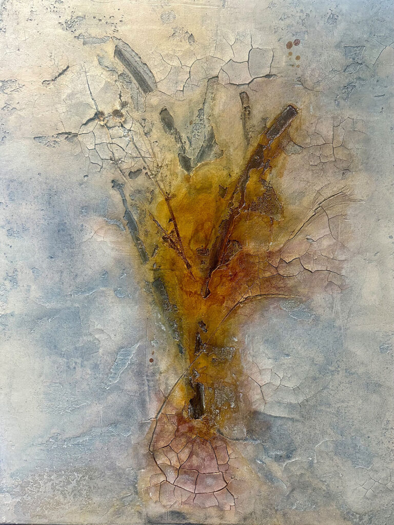 Florales | Sumpfkalk mit Schellack, Beizen und Pigmentschüttung auf Haftputzgips | 80 x 100 cm | 2025